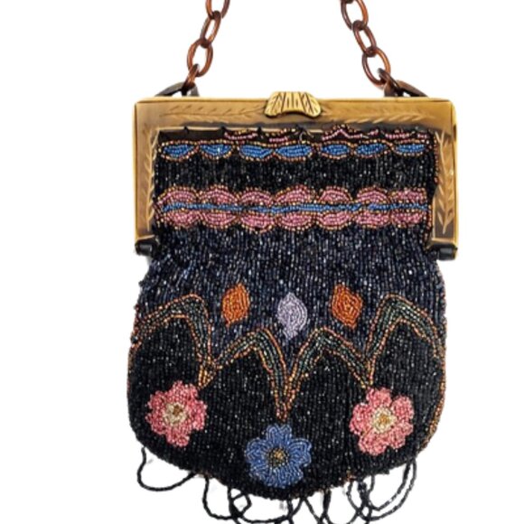Antique Edwardian 1900s Beaded Handbag With A Carved Celluloid Frame And Handle - Picture 1 of 7